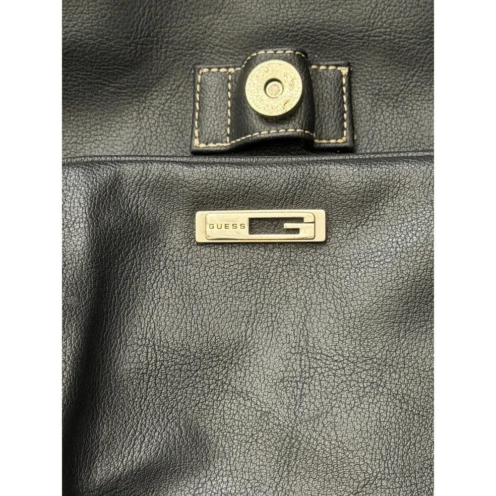 GUESS Black Faux Leather‎ Drawstring Backpack Contrast Stitching Gold Hardware